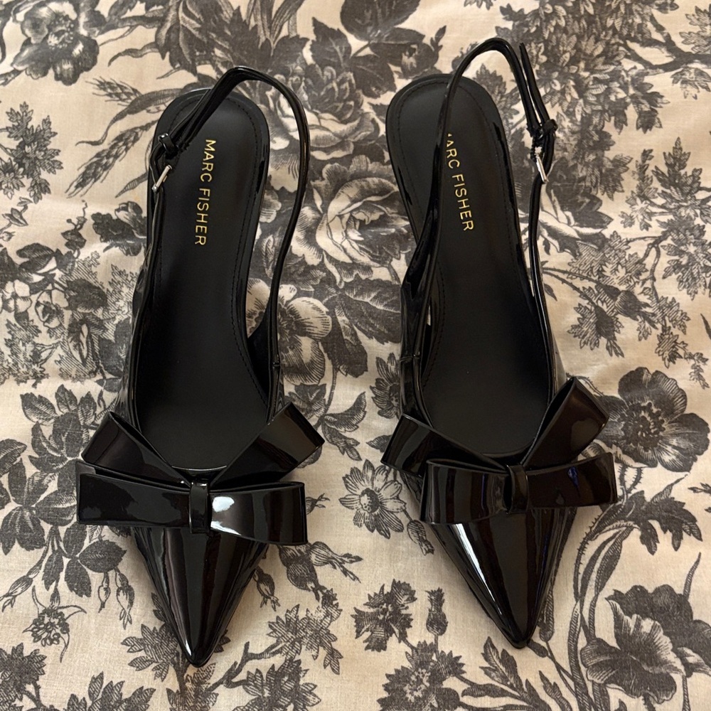 Marc Fisher Glossy Black Bow Slingback Heels